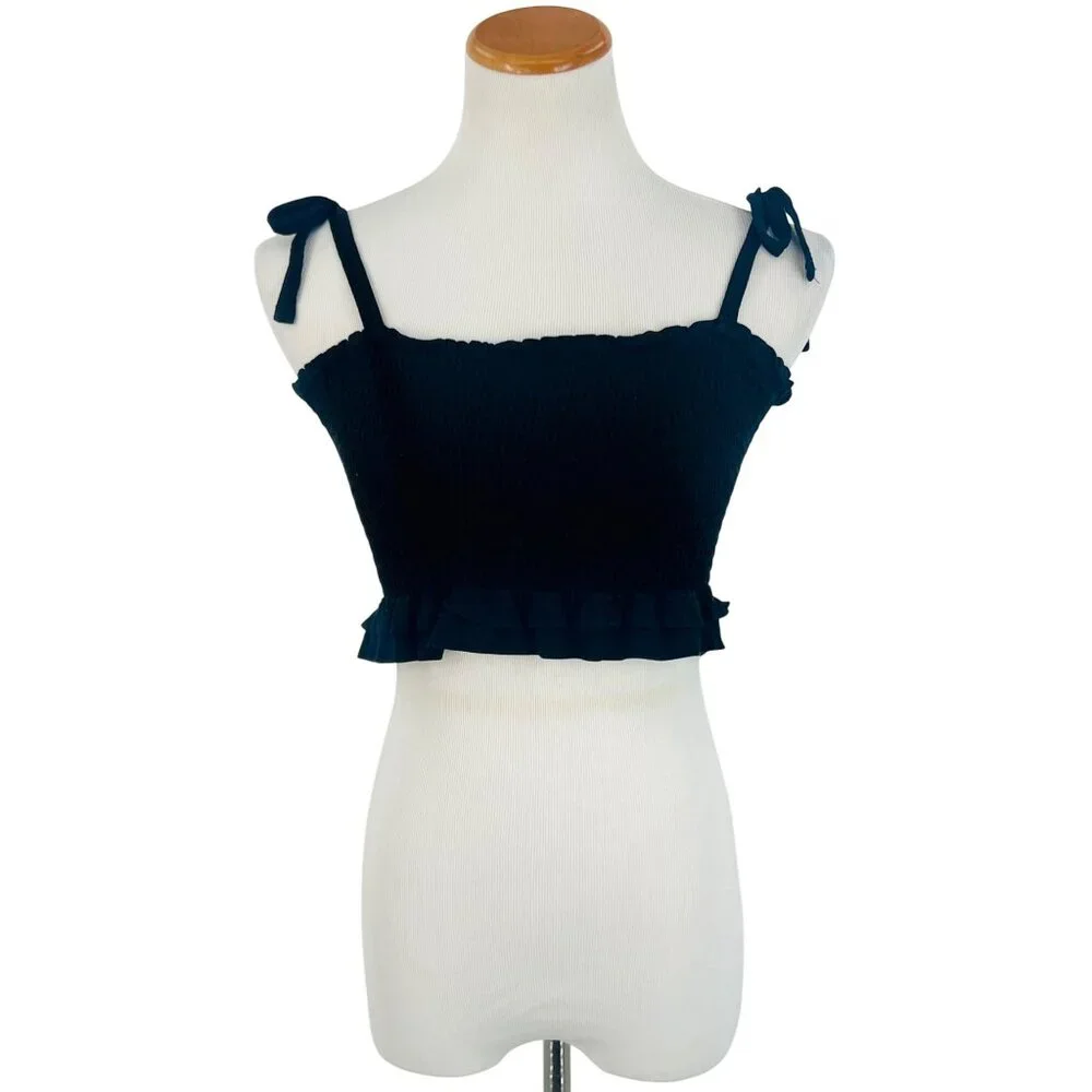 Garage Black Smocked Tie Straps & Ruffled Hem Crop Top - Picture 2 of 14